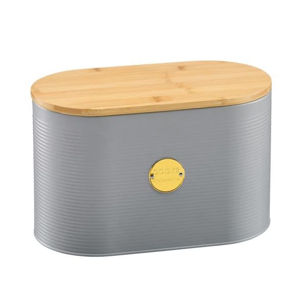 Cooks Professional Bread Bin, Linen Bag and Bamboo Board Set | Grey / Gold
