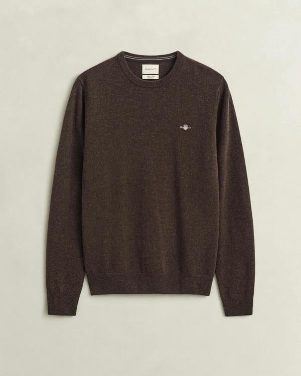 GANT Mens Superfine Lambswool Crew Neck Sweater - 280 Dark Brown Melange | CHO | Designer Mens Crew Neck Jumpers