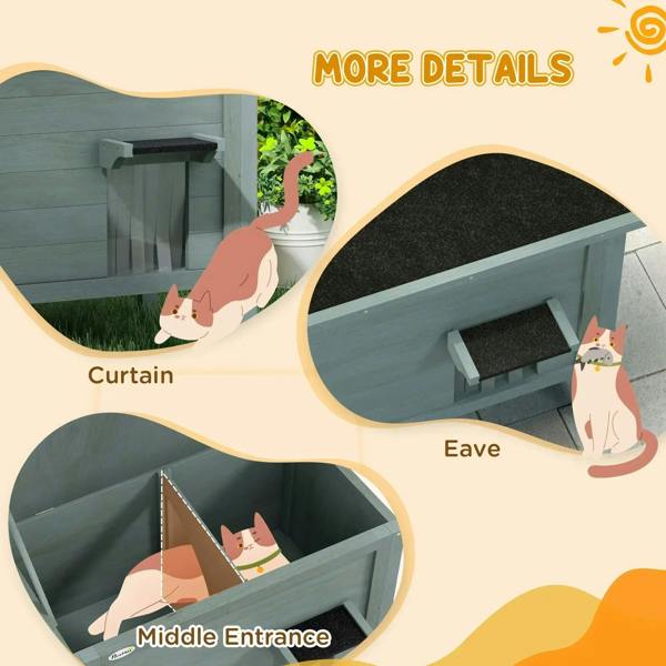 Insulated wooden cat house with curtain-style opening and middle entrance