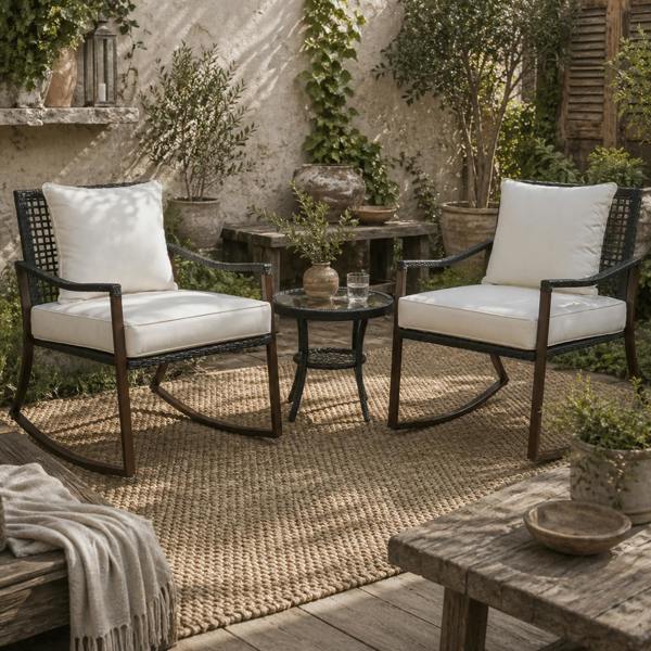 Wyld Haus Madile Brown Rattan 3 Piece Bistro Set With Rocking Chairs And Round Glass Coffee Table