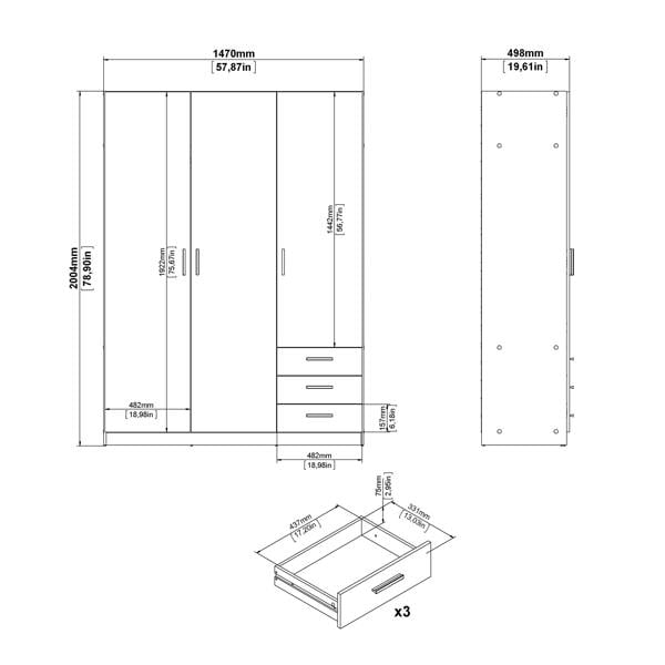 Furniture To Go Sprint Wardrobe with 3 Doors + 3 Drawers in Cashmere