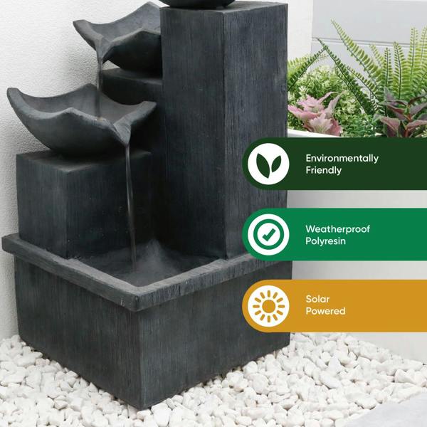 Gardenwize Solar-Powered 3-Tier Cascading Slate Water Feature with Battery Backup