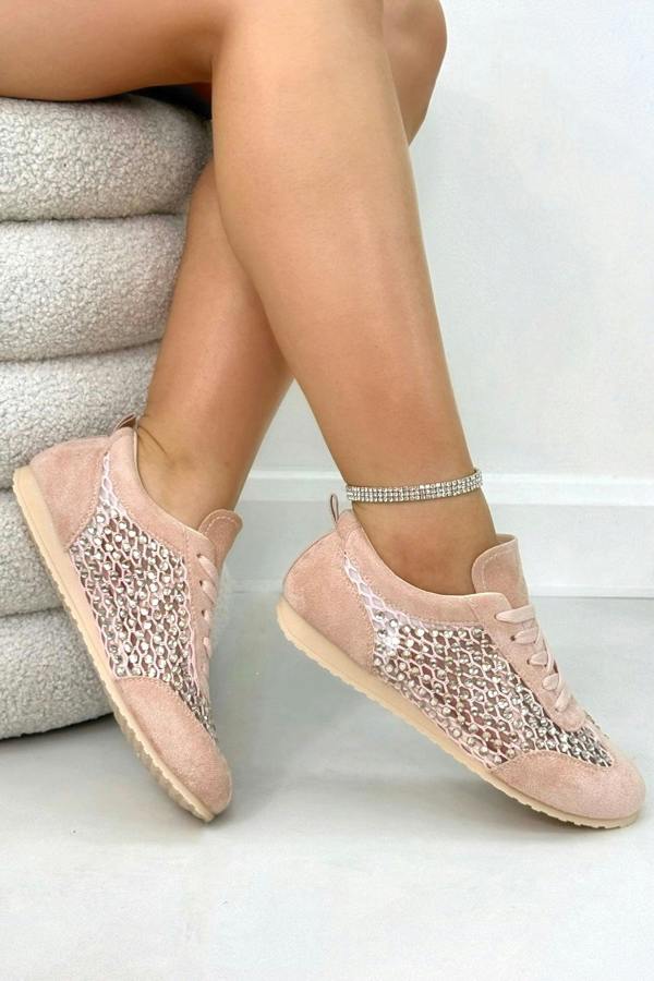 Crystal Contour Sparkly Panel Trainers Pink featuring crystal embellished contour side panels for a subtle sparkle finish