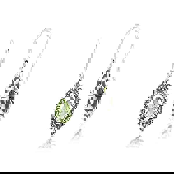 Gemondo Art Deco Style Pear Peridot & Marcasite Drop Earrings in Sterling Silver