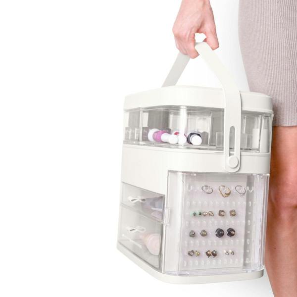 A person holds the Rio Ultimate Beauty Storage Box With Dimmable Mirror—a white organizer with drawers and slots for rings and bottles—perfect for portability, shown against a white background.