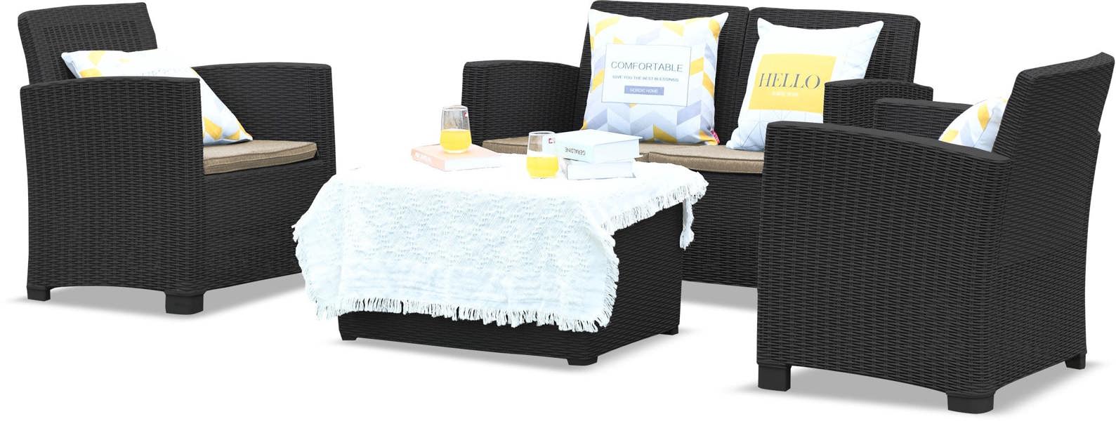 Homeology SANTANA 4 Piece PE Rattan 4-Seater with Cushions Garden Furniture and Coffee Table Set in Black