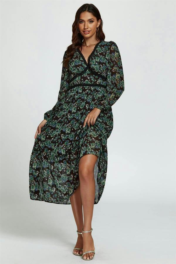 FS Collection Floral Print Long Sleeve Midi Dress In Brown
