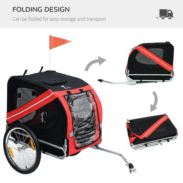 Folding bicycle pet trailer in red and black with mesh side panel and steel frame