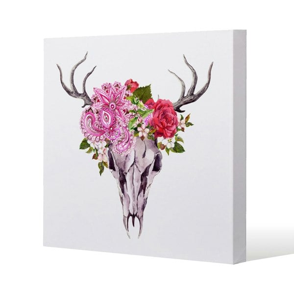 Benjamin Tate Design Deer animal skull with flowers and feathers Slim Style Canvas Print  90x90cm , 15mm Slim Real wood.