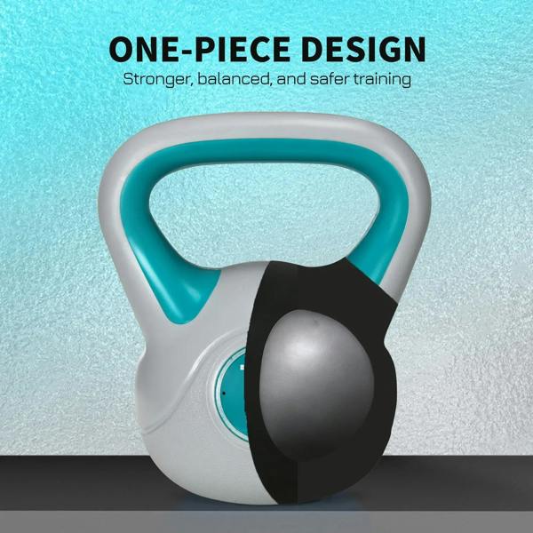 One-piece style 10 kg kettlebell with light blue handle and grey weight body.
