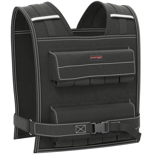 Black adjustable weighted vest with reflective strips and front weight pockets