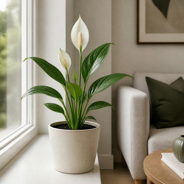 Peace Lily Plant 12cm - Air Purifying Houseplant Elegant Indoor Plant with White Flowers - Matt Cream Ceramic Pot - 1