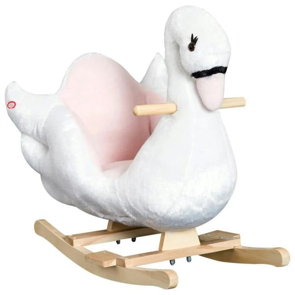 White plush swan rocking ride-on toy with pink padded seat and wooden rockers