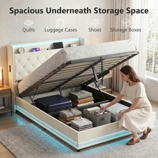 4ft6 Double Bed Frame with Headboard, Platform Bed Frame with Hydraulic Storage, LED Lights and Charging Station, Cream