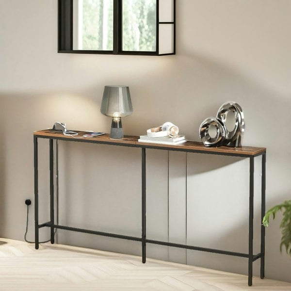 Rafaelo Mobilia Industrial Wide Console Table With Charging Station Rustic Brown