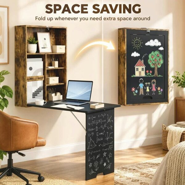 Folding Wall-Mounted Drop-Leaf Table, Convertible Wall Table With Chalkboard and Storage Shelf, Rustic Brown