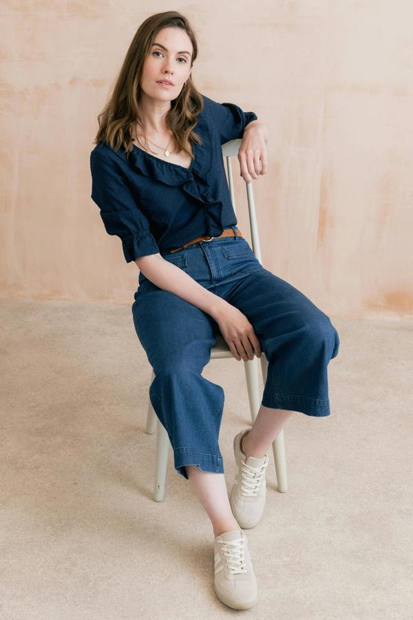Lily & Me May Embroidered Cotton Frill Blouse Navy