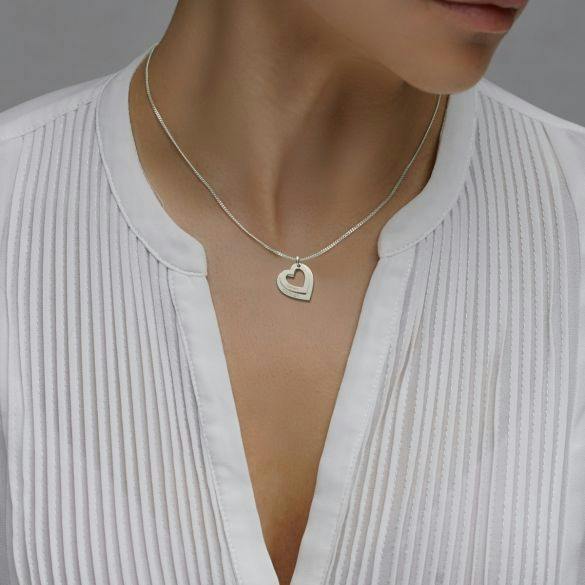 Sterling Silver Double Heart Personalised Family Necklace on a model.
