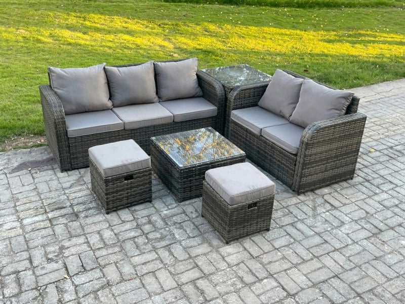 Fimous PE Rattan Garden Furniture Sets 7 Seater Outdoor Lounge Sofa Set Square Coffee Table 2 Small Footstools Side Table