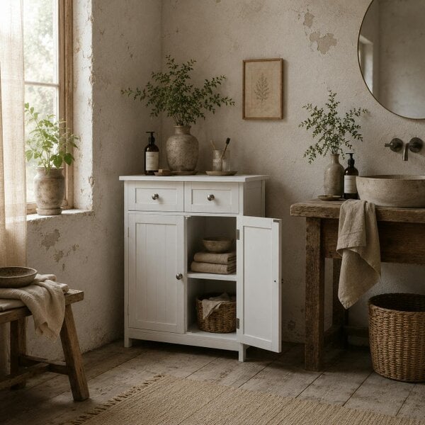Wyld Haus Zilu Freestanding Bathroom Storage Cabinet With 2 Drawers And Cupboard Traditional White Finish 75x60cm