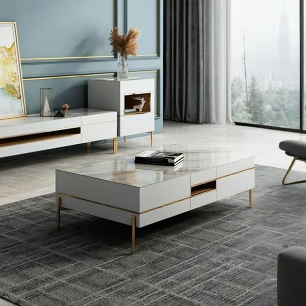 VIda Rectangle Coffee Table Set With TV Stand, Gold Leg-Weilai Concept-Weilai Concept
