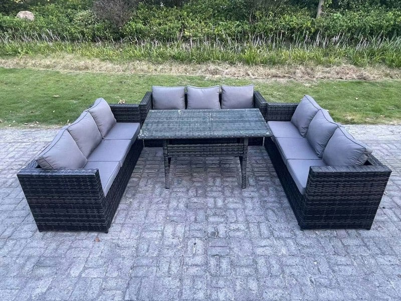 Fimous 9 Seater Outdoor Wicker Garden Furniture Rattan Lounge Sofa Set Patio Rectangular Dining Table Three Seater Sofa Dark Grey Mixed