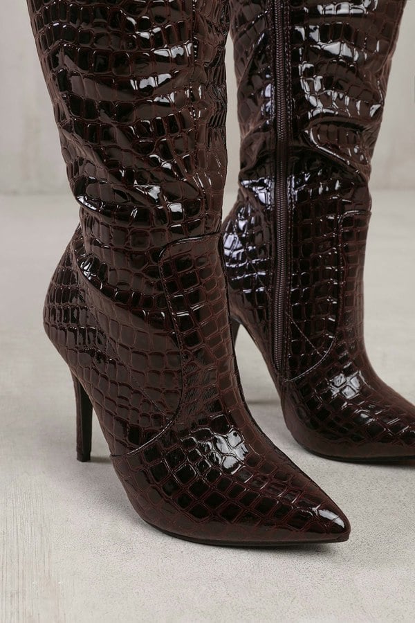 Where's That From Zoya Wide Calf High Heel Boot in Wide E Fit in Dark Brown Croco Patent