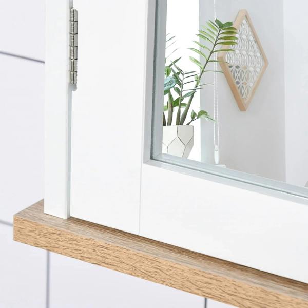 Bathroom mirror cabinet close-up: clear glass window in white frame with wooden base