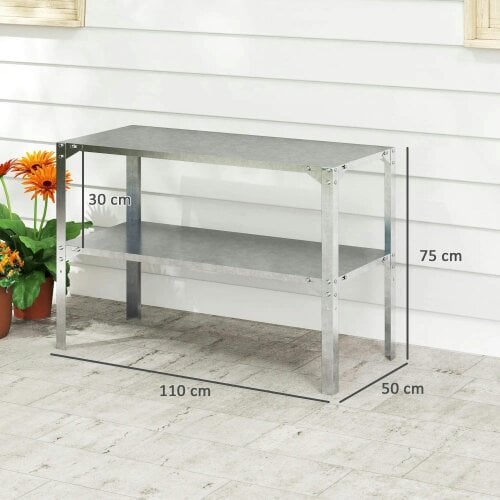 Bobobiy 2 Tier Potting Bench Table, Galvanised Steel Garden Planting Work Bench Workstation with Storage Shelf, 110 x 50 x 75 cm, Silver Tone