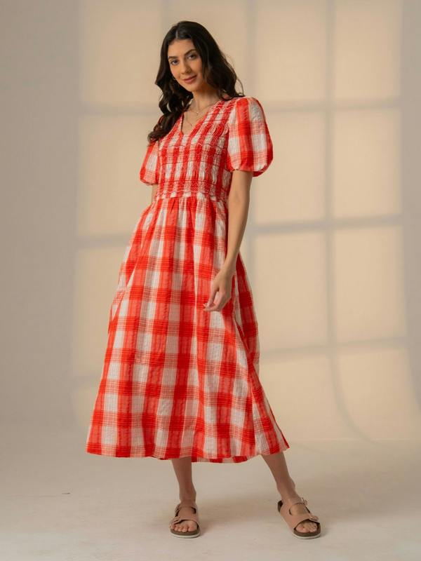 Rose & Nancy Nella Coral White Check Smock Midi Dress With Embroidery