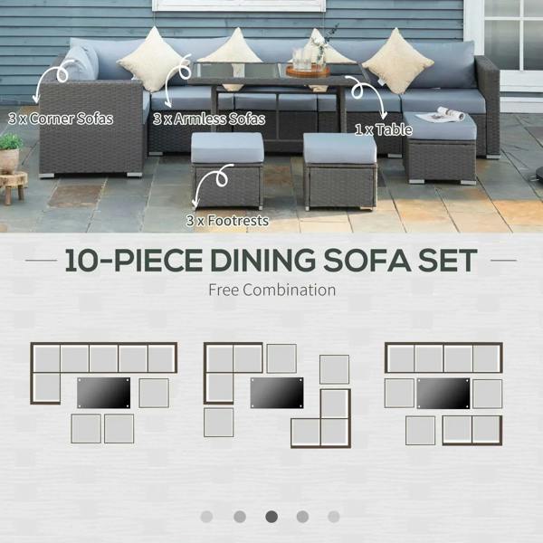 10-piece outdoor rattan dining sofa set layout with corner sofas, ottomans, and table