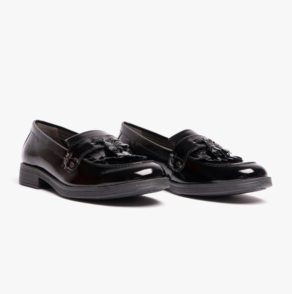 GEOX JR AGATA Girls Moccasin Tassel School Shoes Patent Black
