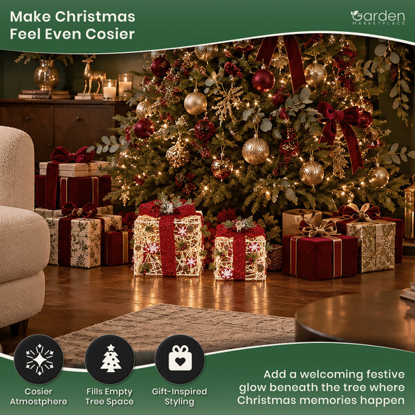 Set of 2 Light-Up White Rattan Christmas Parcels with Red Bows, 25 White LED Lights, Battery Powered Festive Decoration