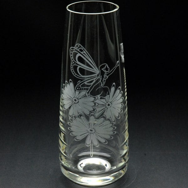 Glyptic Glass Art Fairy & Butterfly Glass Bud Vase - Hand Etched/Engraved Gift