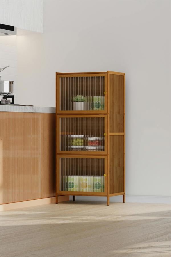 Living and Home Versatile 3-Tier Bamboo Storage Cabinet Bookcase Bookshelf Storage Rack w/ Doors