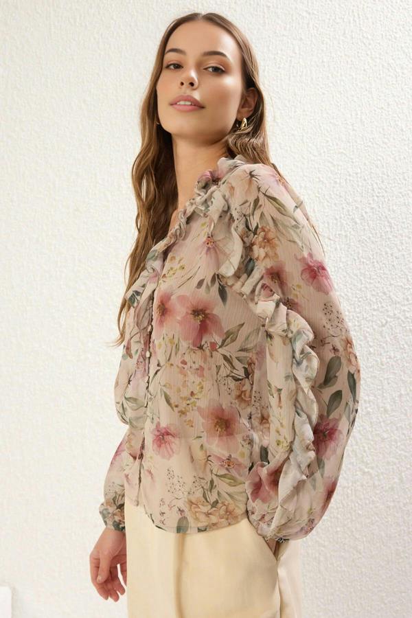 WOVCOR Chiffon Transparent Floral Ruffled Woven Shirt