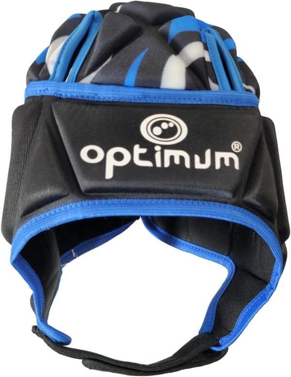 Black and blue Optimum rugby headguard front view with white logo, blue trim and chin strap, on white - Optimum