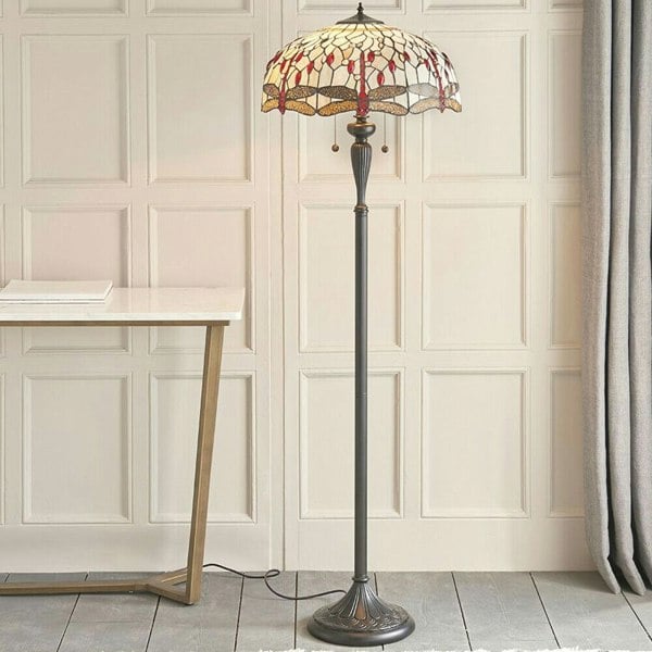 1.5m Tiffany Twin Floor Lamp Dark Bronze & Dragonfly Stained Glass Shade i00012 Loops
