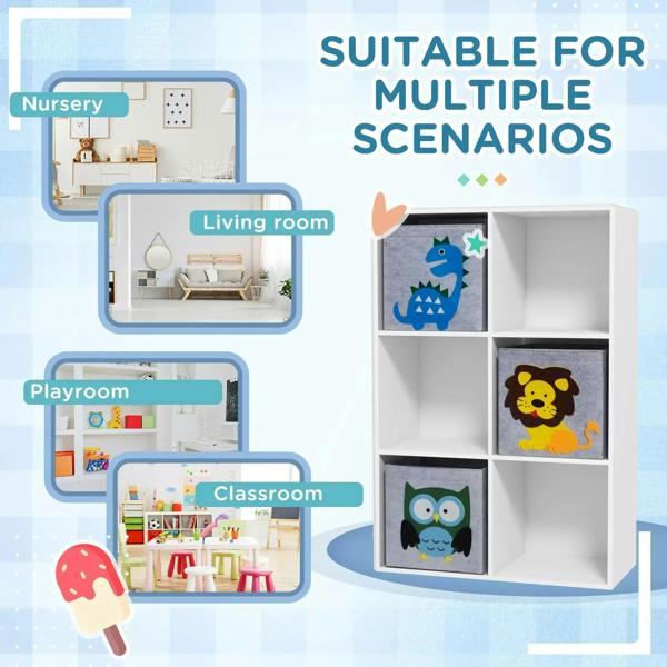 White kids toy storage cabinet with three animal-print fabric drawers in cubby openings