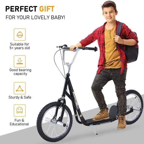Black kids stunt scooter with textured foot deck and large front and rear wheels