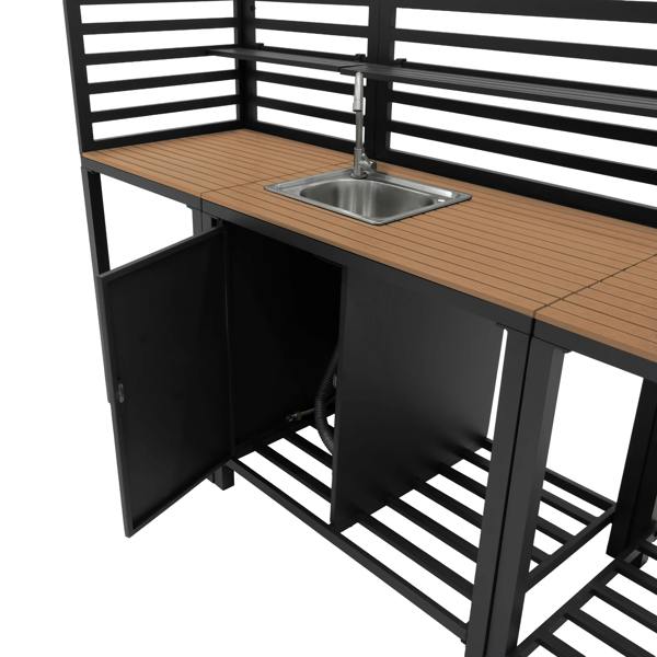 Aluminium and wood outdoor kitchen set featuring a sleek black frame, textured wooden countertop, and stainless steel sink