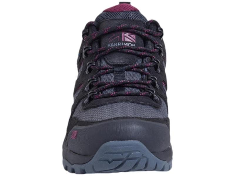 Karrimor Bodmin Low 6 Womens Waterproof Hiking Walking Trainers, front view of a black and pink outdoor footwear designed for hiking.