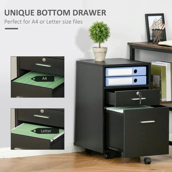 Black two-drawer filing cabinet with open top compartment and bottom drawer