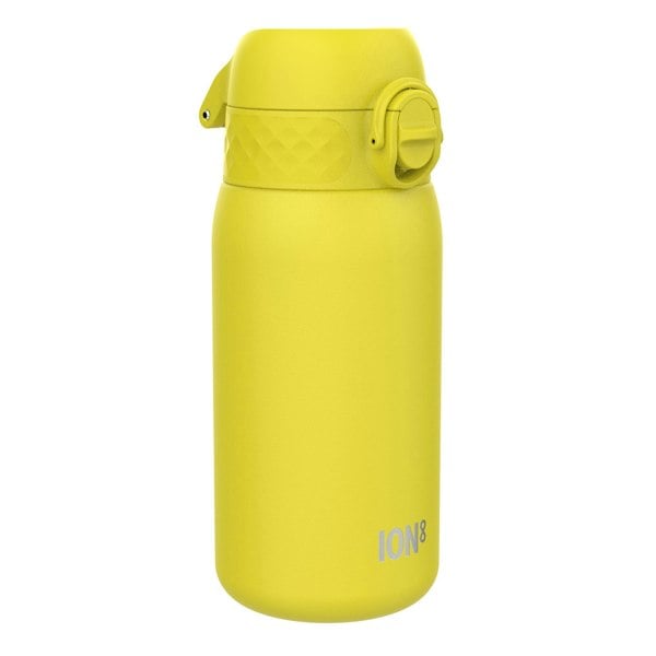 A yellow ION8 water bottle sits on a white background. The bottle has a hinged, textured lid.