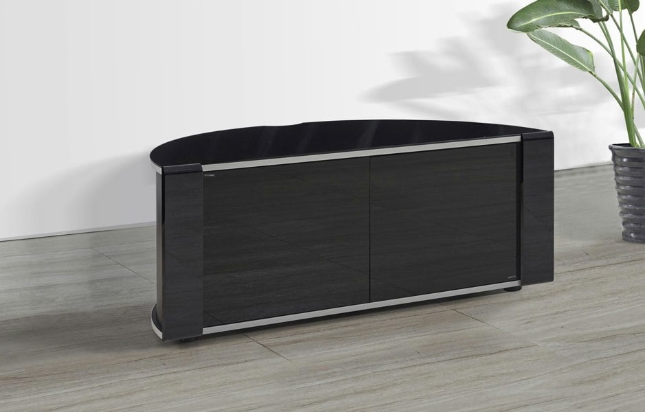 MDA Designs Sirius 1200 Remote Friendly Beam Thru Glass Door Gloss Black with Black Front Profiles up to 55" LCD/Plasma/LED Cabinet TV Stand