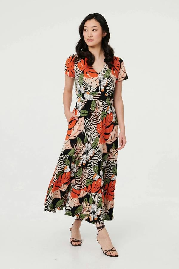 Black | Leaf Print Tiered Cap Sleeve Maxi Dress