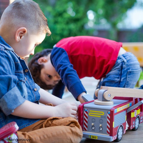 Tidlo Wooden Fire Engine Toy Featuring Removable Roof For Easy Access