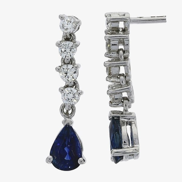 T. H. Baker 18ct White Gold Five Stone Sapphire Diamond Dropper Stud Earrings 29724