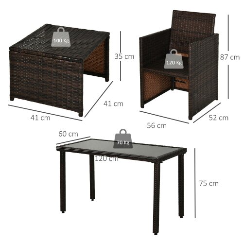 Wyld Haus Nevani Rattan Brown 2 Seater Cube Garden Dining Set With Armchairs Stools And Rectangular Glass Table
