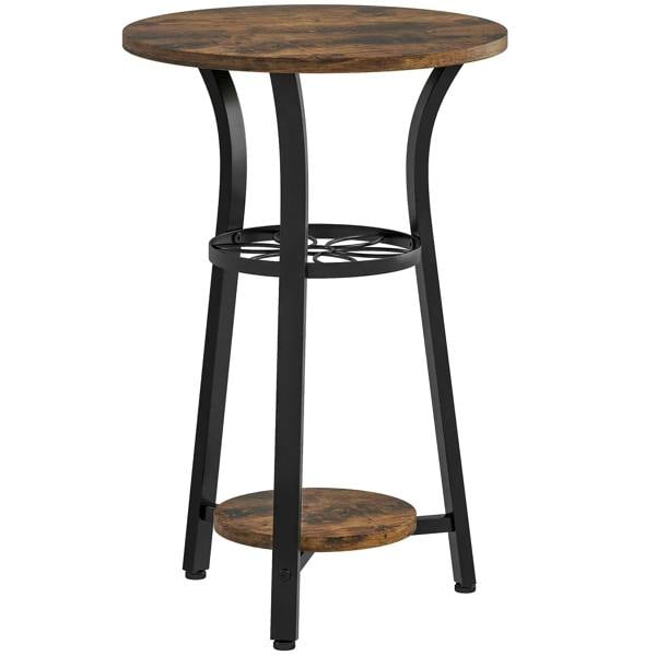 Small round side table with rustic brown top, black legs, and two lower storage shelves